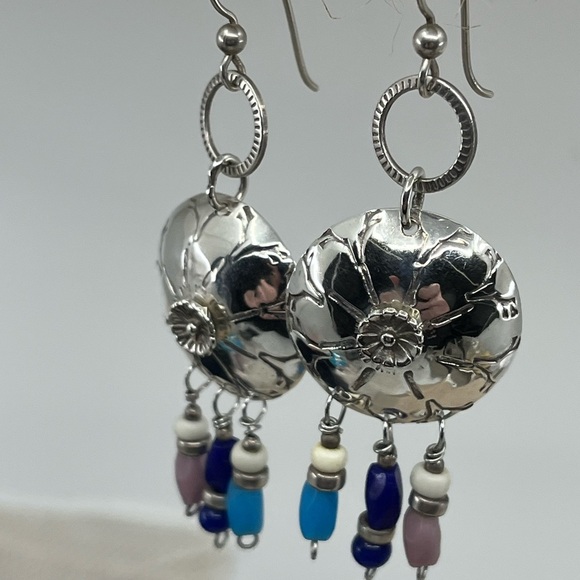 90's Handmade Sterling Silver Shell Drop Earrings with Beaded Accents - Picture 13 of 17